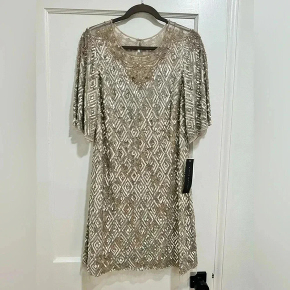 NWT Aidan Mattox Fully Beaded Trapeze Cocktail Dress in Champagne. Size 14 - Picture 4 of 14